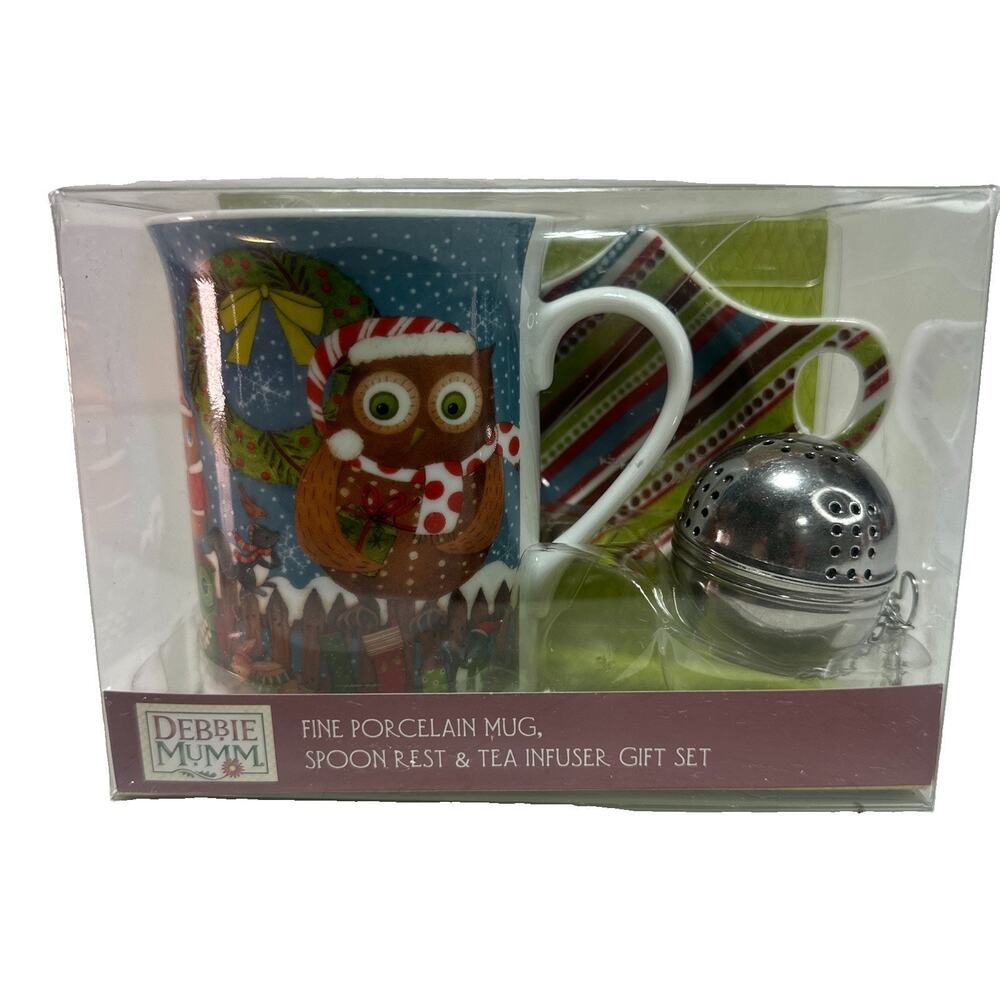 Debbie Mumm Christmas Owl Mug Gift Set with Spoon Rest & Tea Infuser